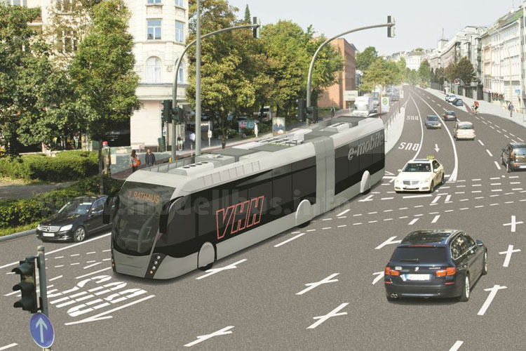 Elektromobilität in Hamburg: Auch die VHH ist mit einem Van Hool Exqui.City dabei.