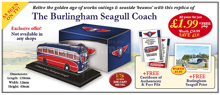 Die Serie startet mit einem Burlingham Seagull Coach aus Formen von Corgi. 